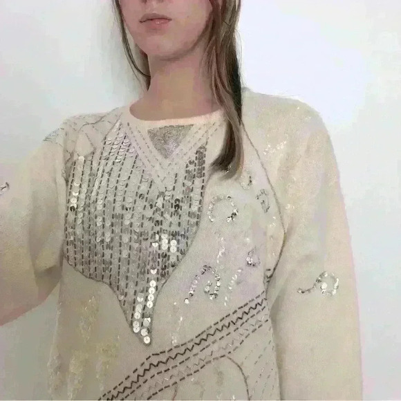 Ivory Sweater Tunic with Sequins & Beads, Wool Angora - Picture 3 of 4